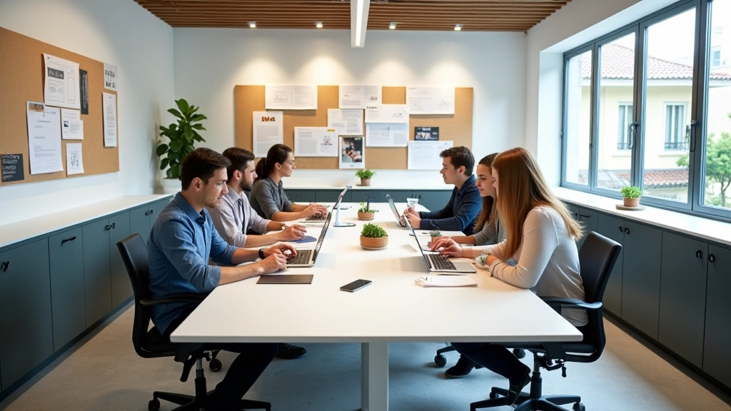 Vista interior de escritório de agência criativa com equipe colaborando em projetos, paredes com mood boards e referências visuais