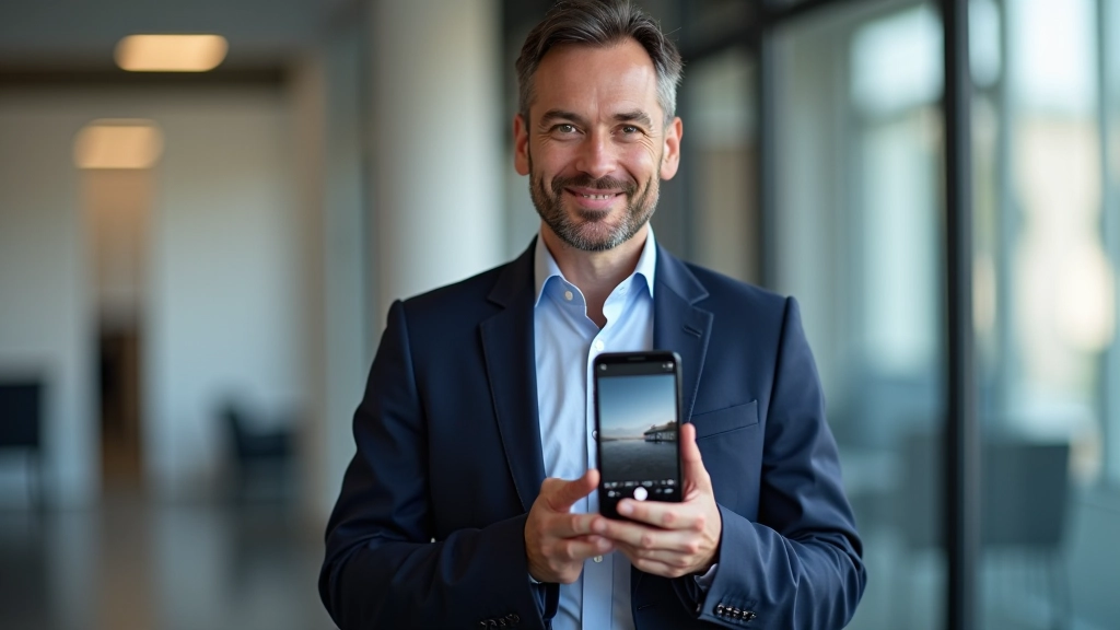 Smartphone exibindo showreel em tela cheia, pessoa observando com expressão de aprovação, ambiente profissional