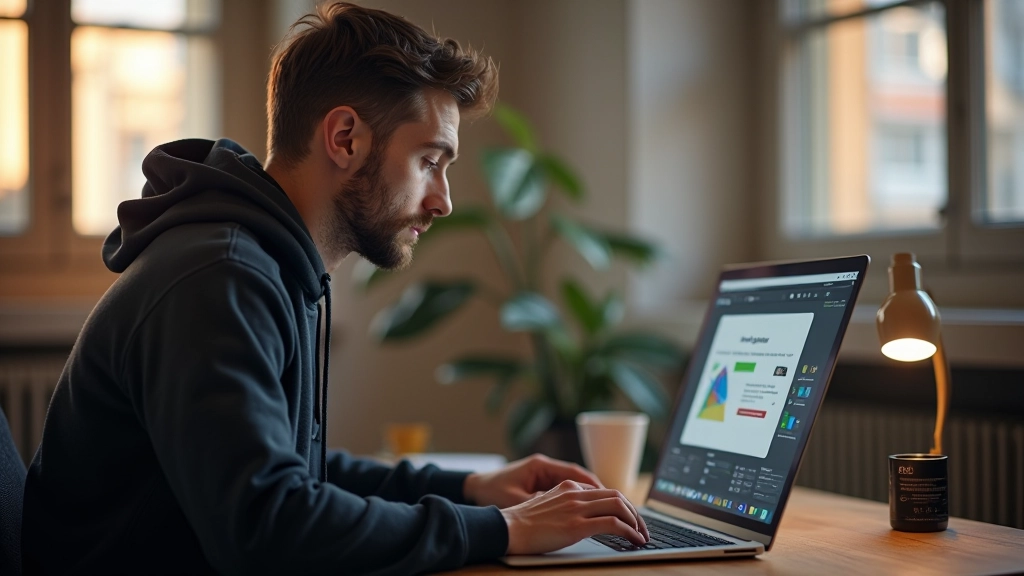 Computador portátil mostrando uma timeline de edição com clips de vídeo coloridos em interface profissional de motion design