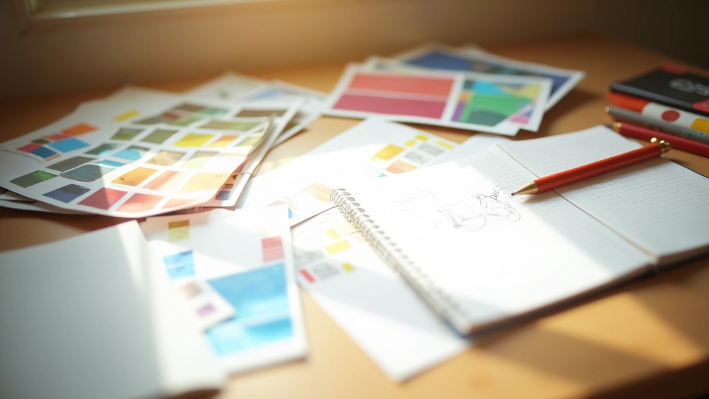 Painel de cores vibrantes e paleta de design com anotações e esboços de conceitos de motion