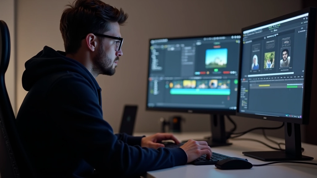 Designer revisando timeline de vídeo em software de edição, telas duplas, workspace organizado