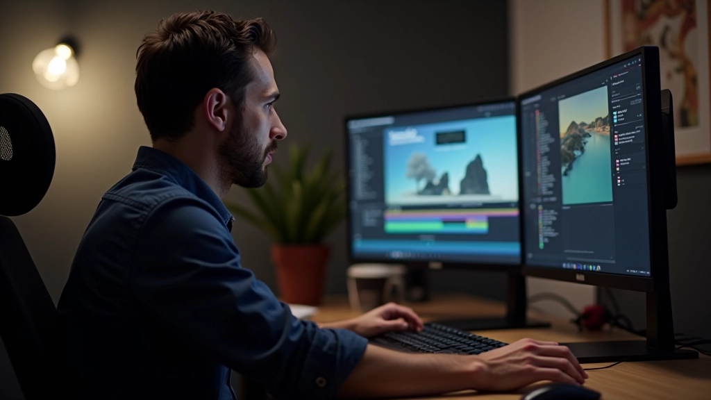 Designer de motion em estação de trabalho profissional com múltiplos monitores exibindo timeline de animação