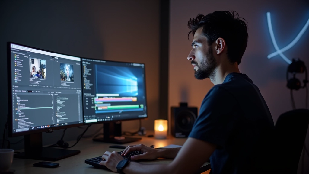Profissional trabalhando em estação de edição de vídeo com múltiplos monitores mostrando timeline de motion design