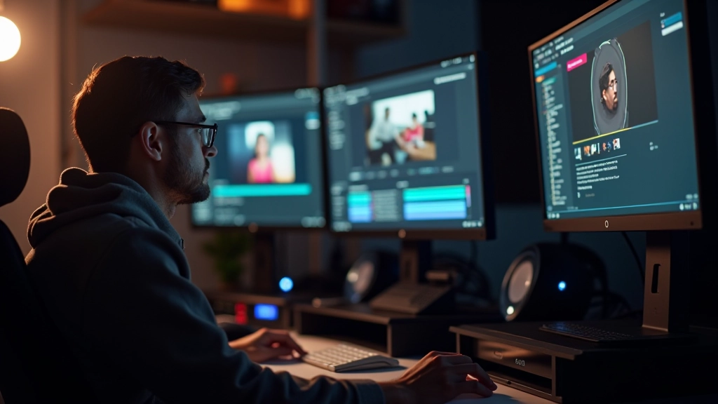 Designer profissional em estúdio criativo moderno com múltiplos monitores exibindo projetos de motion design
