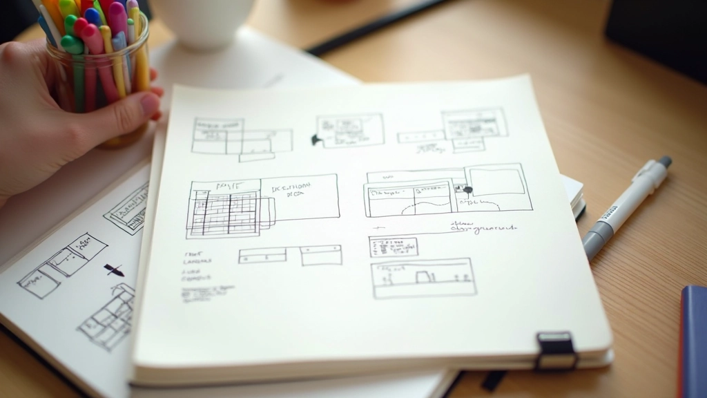 Notebook com storyboard de animação e anotações de planejamento de projeto de motion design