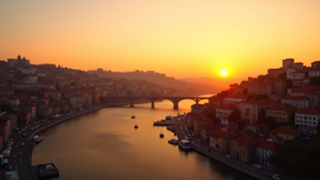 Skyline de Porto ao pôr do sol com arquitetura histórica, representando a cena criativa em crescimento da cidade