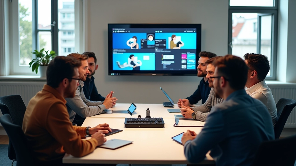 Profissionais em reunião em agência criativa discutindo projetos de animação e design