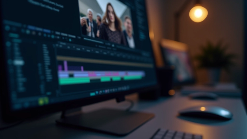 Tela de editor de vídeo com timeline de áudio e vídeo alinhados, espectro de frequência visível, controles de volume e efeitos