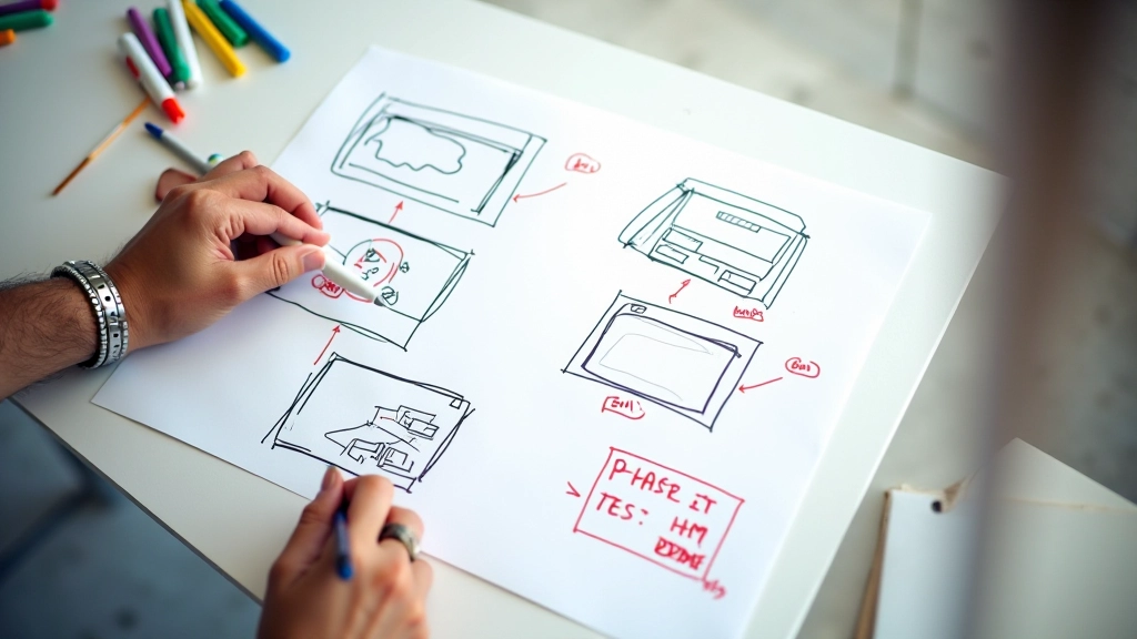 Quadro branco com storyboard desenhado à mão, marcadores coloridos, anotações de timing e movimento