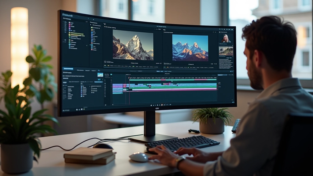 Monitor exibindo renderização final de projeto de animação com timeline e camadas visíveis em software profissional de edição